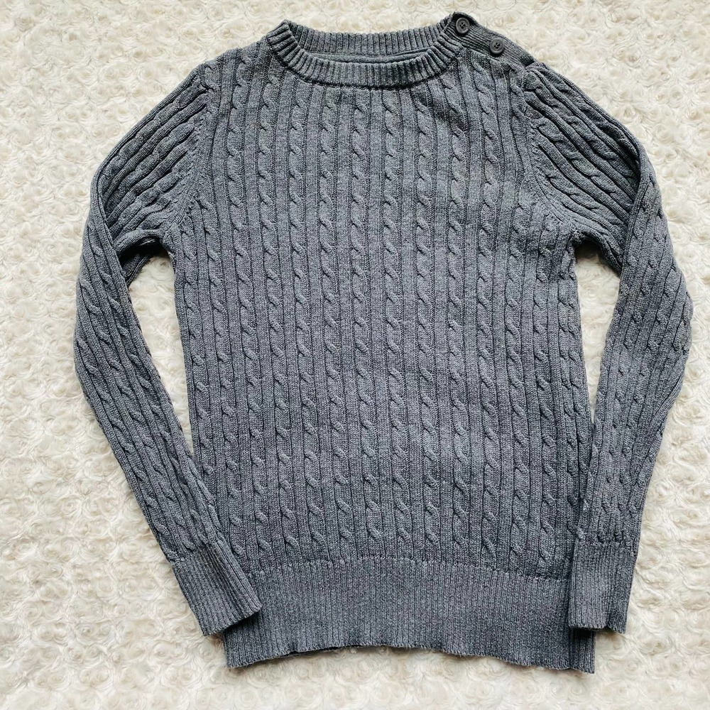 Kate Lord Cotton Cashmere Cableknit Crewneck w Buttons Grey Sweater Sz Medium